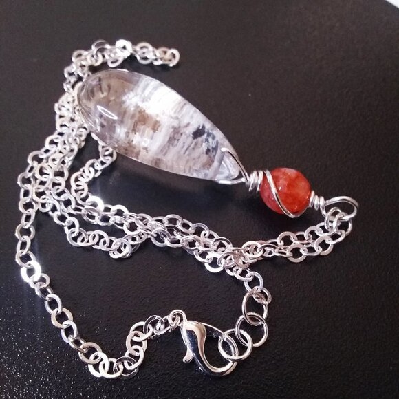 Clear Quartz w. Natural Rock Inclusions + Orange Agate Top Bead! Chain Included - Picture 2 of 8